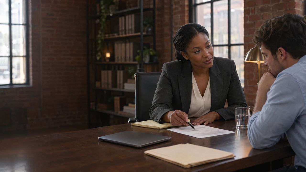 A defense lawyer points to a document while a worried client listens across a desk in a brick-walled office (illustrative photo, not a real lawyer or client)