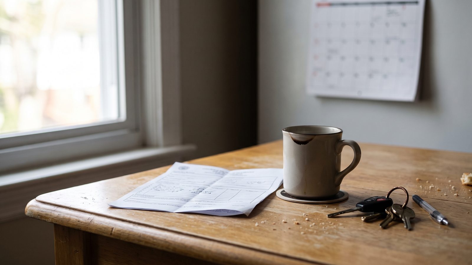 A kitchen table with a paper form, car keys, a mug and a wall calendar (illustrative photo).